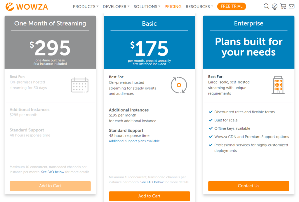 Pricing plans for Wowza Streaming Engine