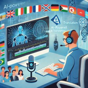 Professional audio specialist working on AI-powered dubbing and video translation in a studio