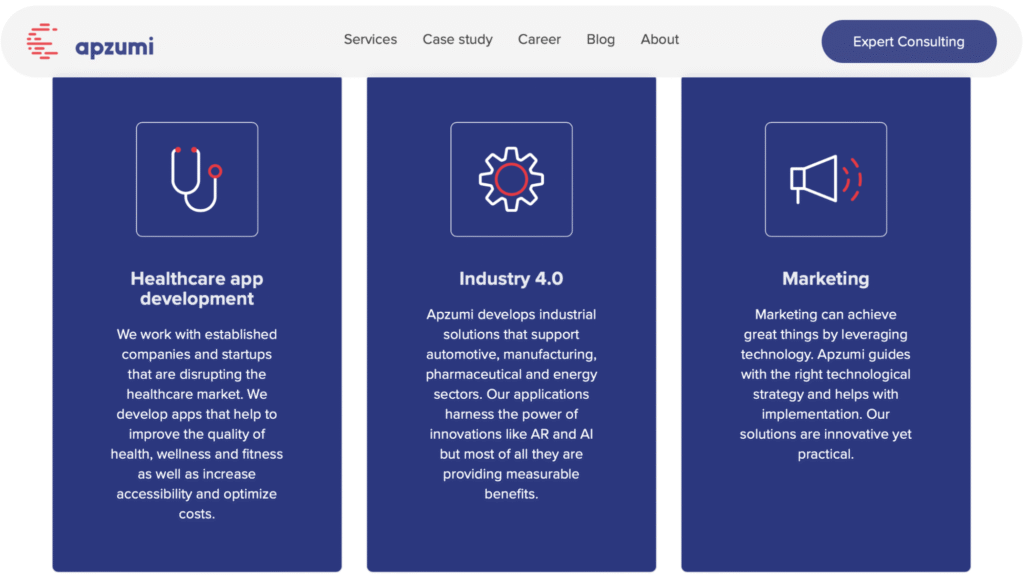 Apzumi is a digital health and medtech development studio, main screen