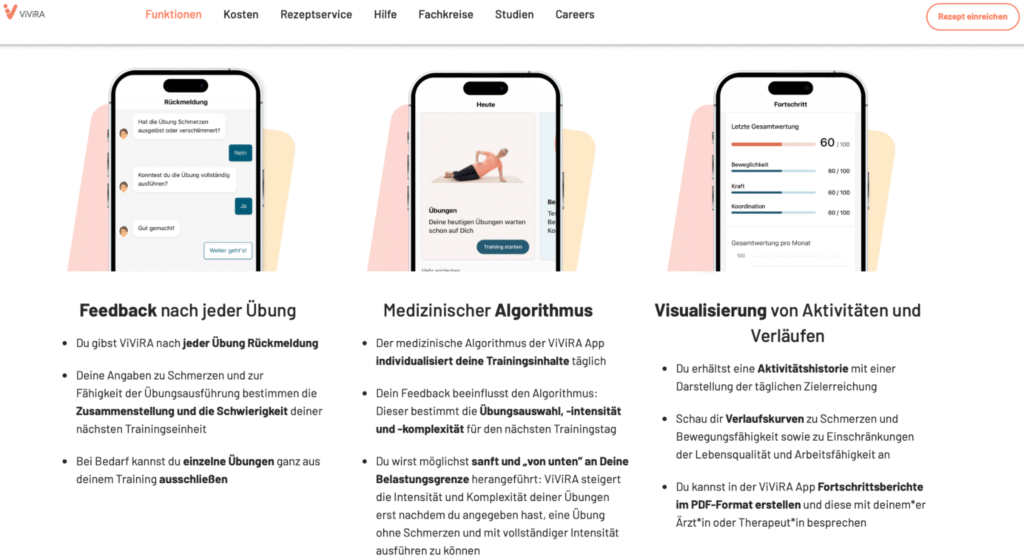 Vivira offers a DiGA-listed app for orthopedic telerehabilitation website screen