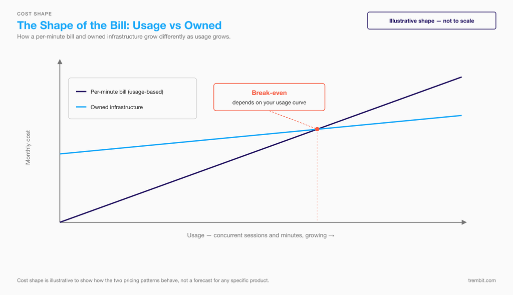 Illustrative chart: a per-minute bill rises steadily vs owned infrastructure's flatter cost curve, with break-even marked.